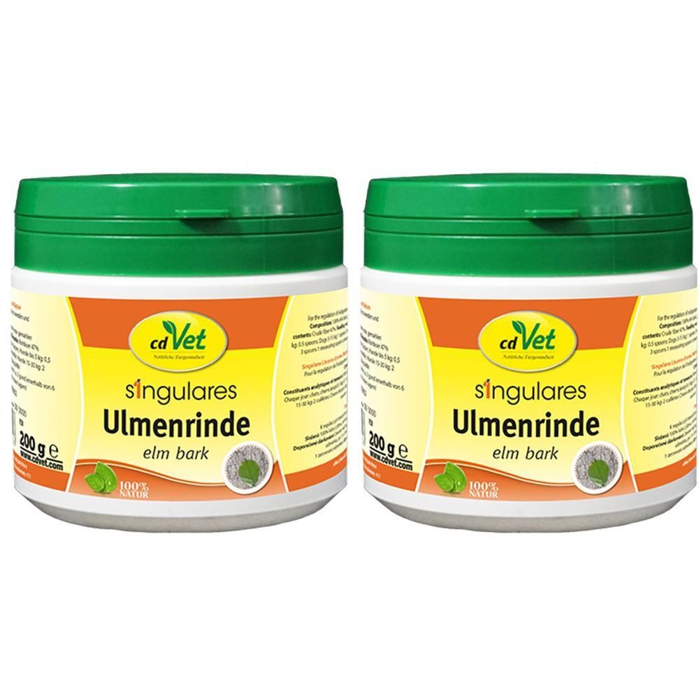 Zwei Dosen mit grünem Deckel und weißem Behälter. Aufschrift: singulares Ulmenrinde elm bark. Marke: cdVet. 200g.
