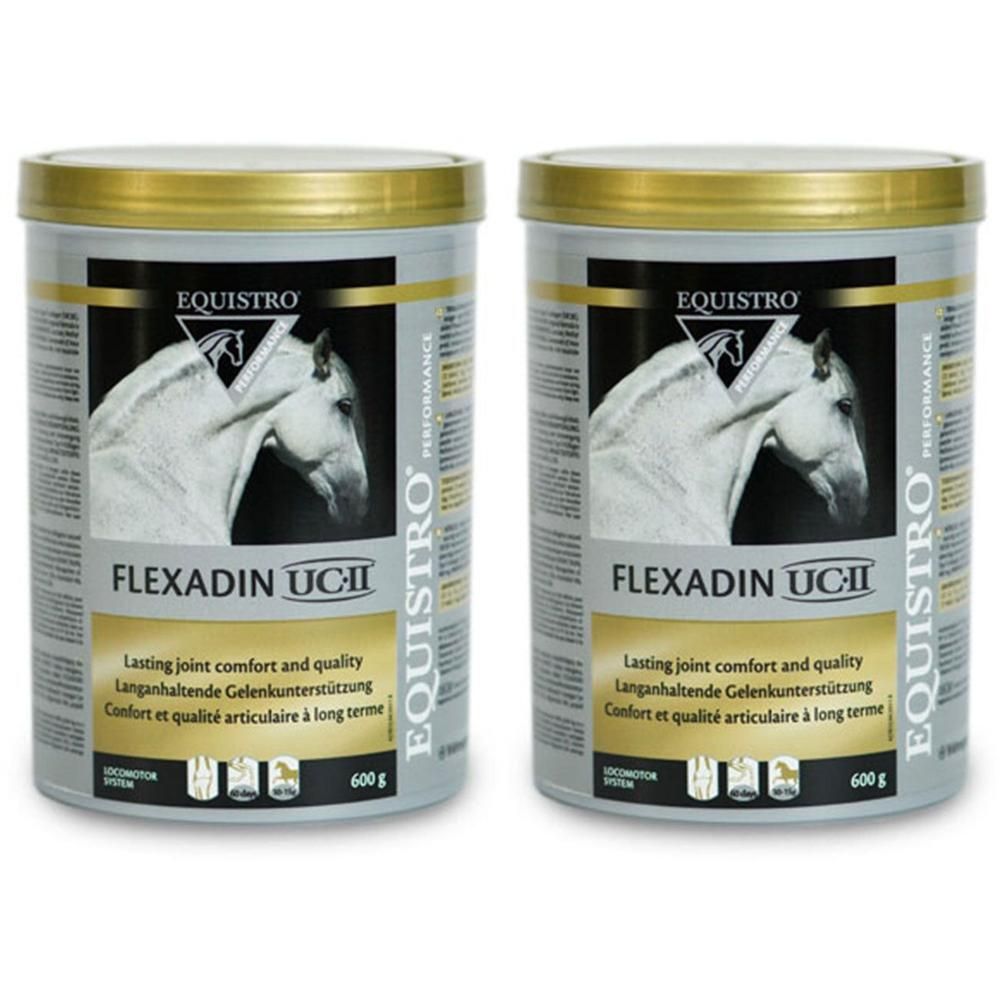 Zwei Dosen EQUISTRO Flexadin UCII. Graue Dosen mit goldenen Deckeln. Aufschrift: EQUISTRO, Flexadin UCII, 600g. Abbildung eines Pferdekopfes.