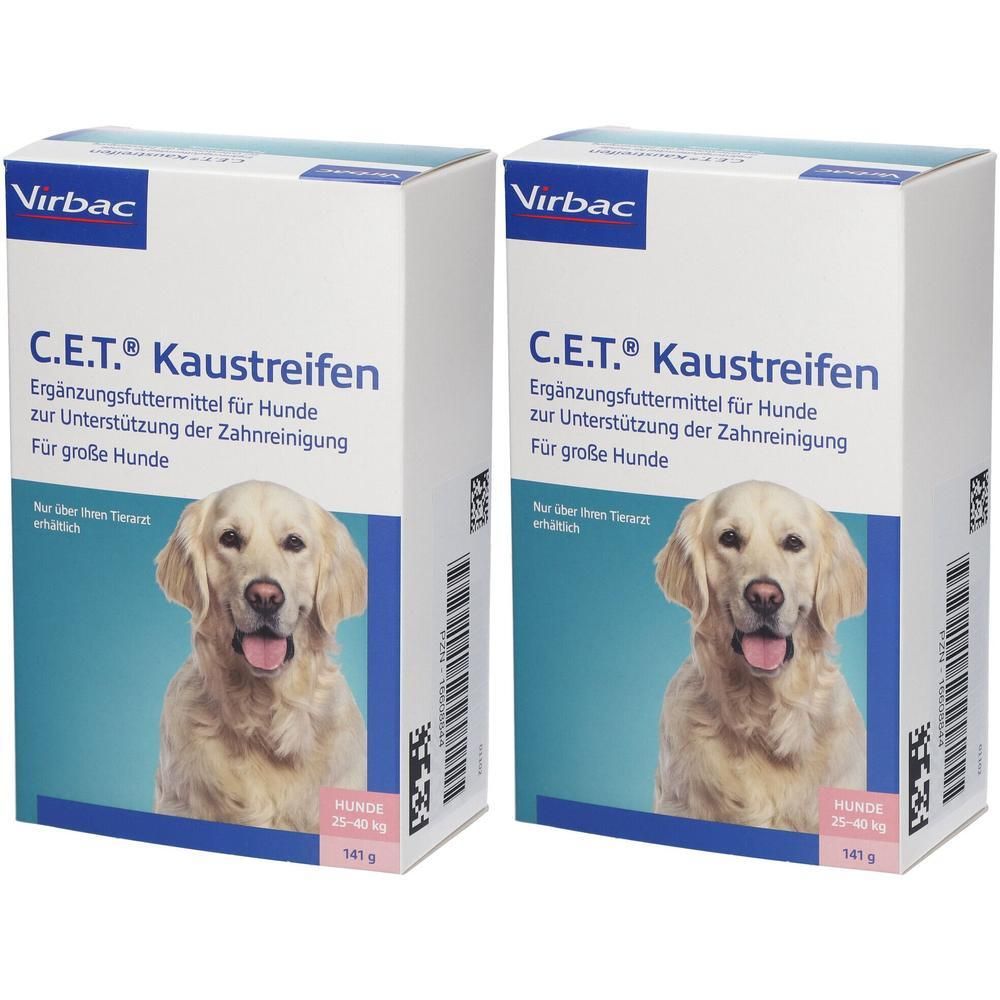 Zwei Kartons mit "C.E.T. Kaustreifen" für Hunde. Aufdrucke: Virbac, Produktname, Hundefoto, Text in Deutsch. Verpackung für große Hunde.