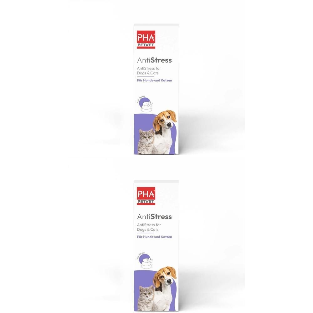 Zwei Packungen PHA AntiStress Tropfen für Hunde & Katzen. Weiße Verpackung mit Logo, Produktname und Abbildung von Hund und Katze.