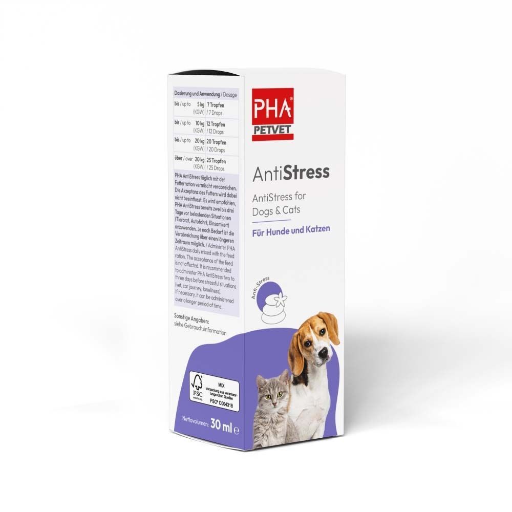Verpackung von PHA AntiStress für Hunde & Katzen. Enthält Produktinformationen, Logo, Produktname, Abbildung von Hund und Katze, und 30 ml.