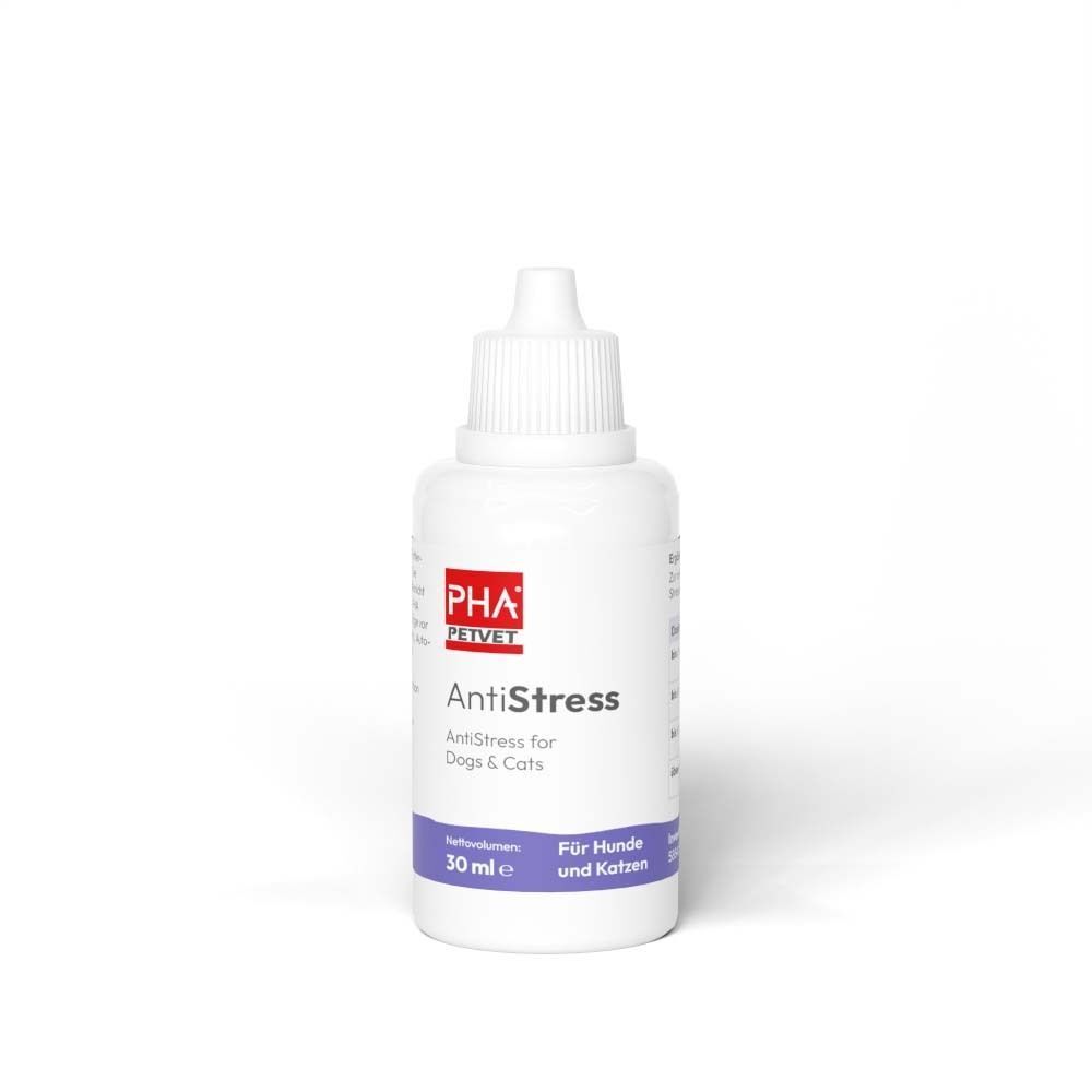 Weiße Flasche PHA AntiStress für Hunde & Katzen. Mit Logo, Produktname und 30 ml. Tropfflasche mit weißem Verschluss.