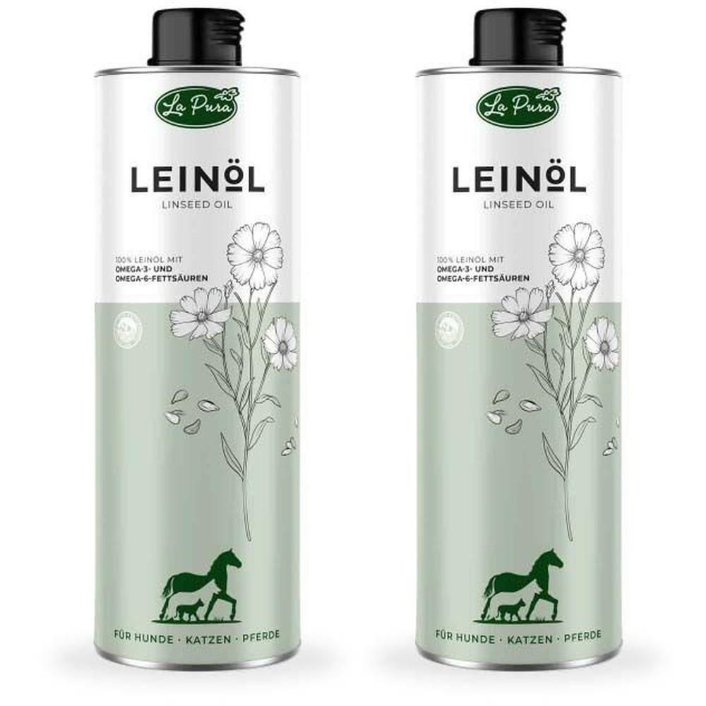 Zwei Metallflaschen mit schwarzem Deckel. Aufschrift: Leinöl. Illustrationen von Blumen und einem Pferd mit Hund.