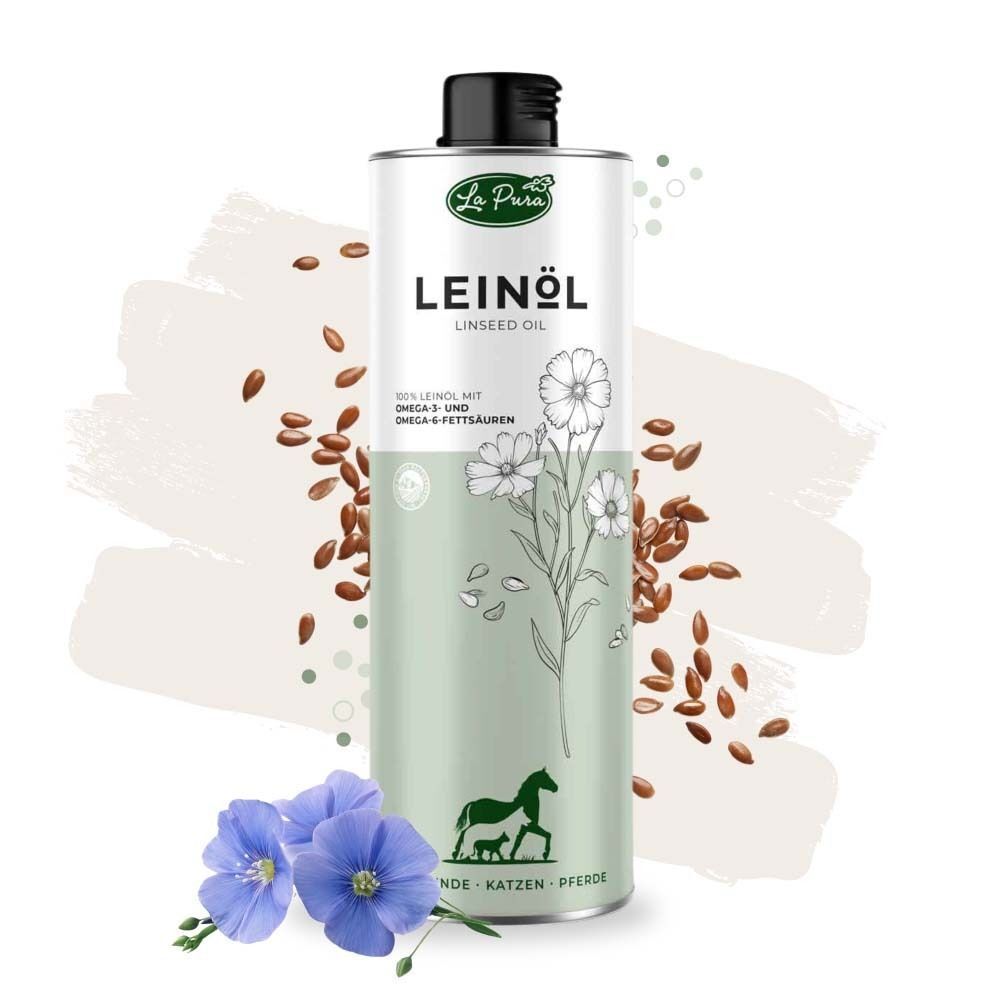 Metallflasche mit schwarzem Deckel, Leinöl-Logo. Umgeben von Leinsamen und blauen Blüten. Für Hunde, Katzen, Pferde.