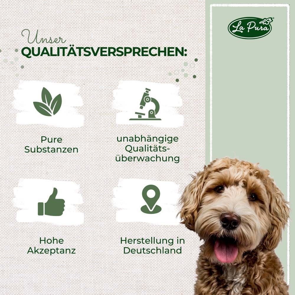 Hund mit Text: Pure Substanzen, unabhängige Qualitätsüberwachung, hohe Akzeptanz, Herstellung in Deutschland.