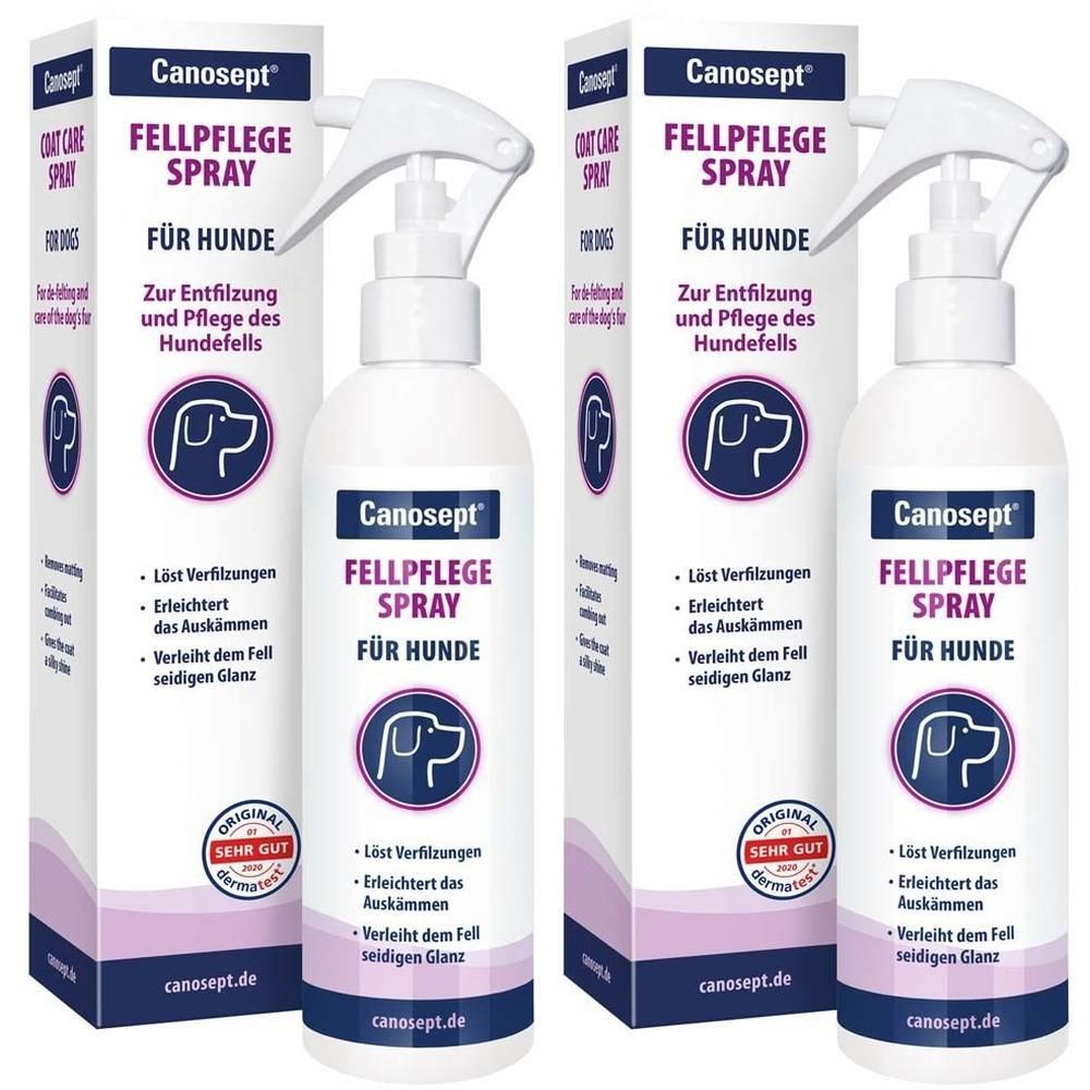 Zwei Flaschen Canosept Fellpflegespray mit Verpackung. Sprayflaschen mit Sprühkopf. Verpackung mit Produktnamen und Logo.