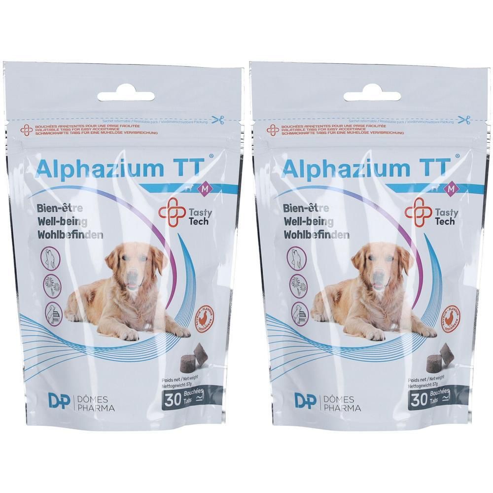 Zwei Beutel Alphazium TT. Aufdruck: Bien-être, Well-being, Wohlbefinden. Logo Tasty Tech. Abbildung eines Hundes. 30 Tabletten. Domes Pharma.