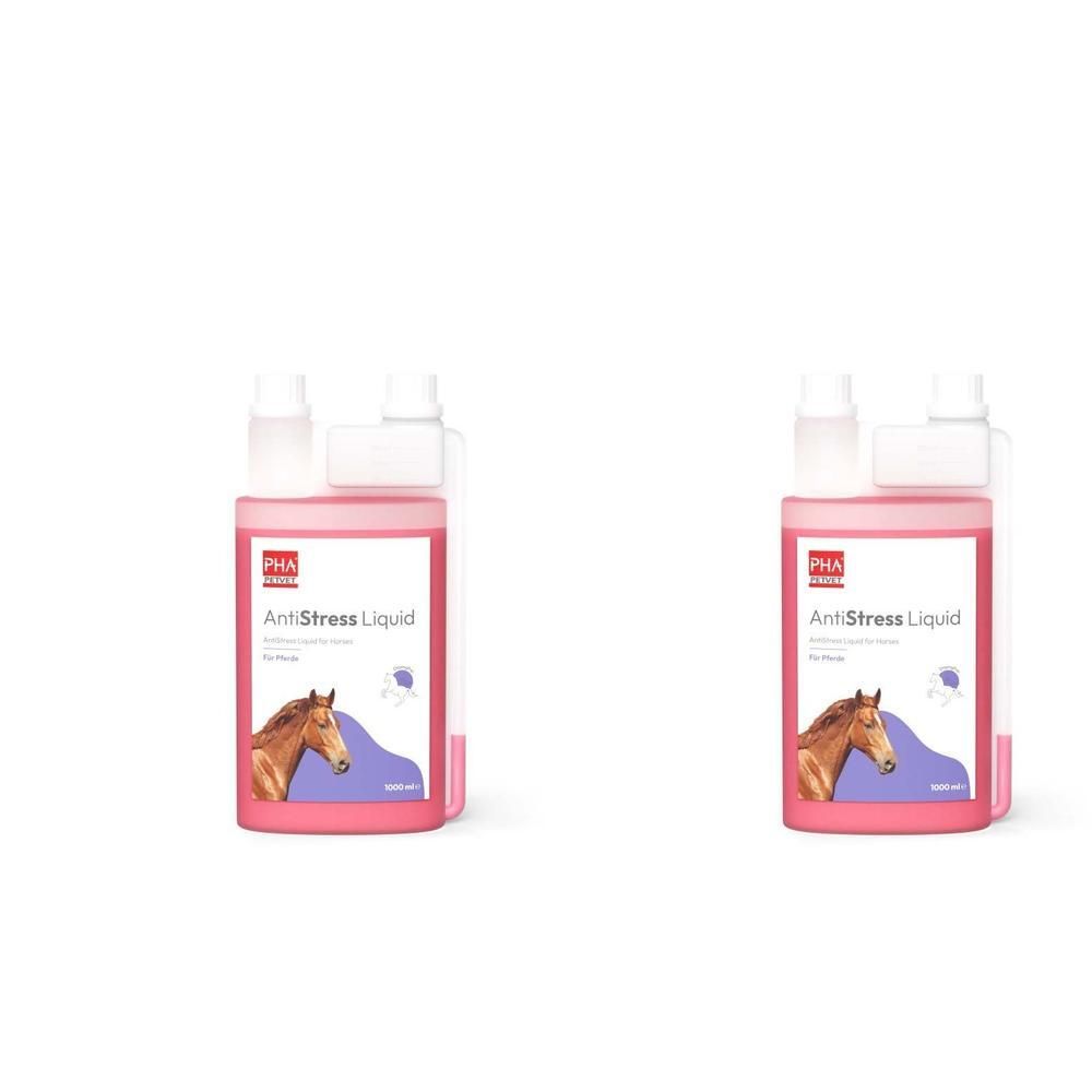 Zwei Flaschen mit rosa Flüssigkeit. Aufschrift: AntiStress Liquid. Abbildung eines Pferdekopfes. Weiße Deckel.