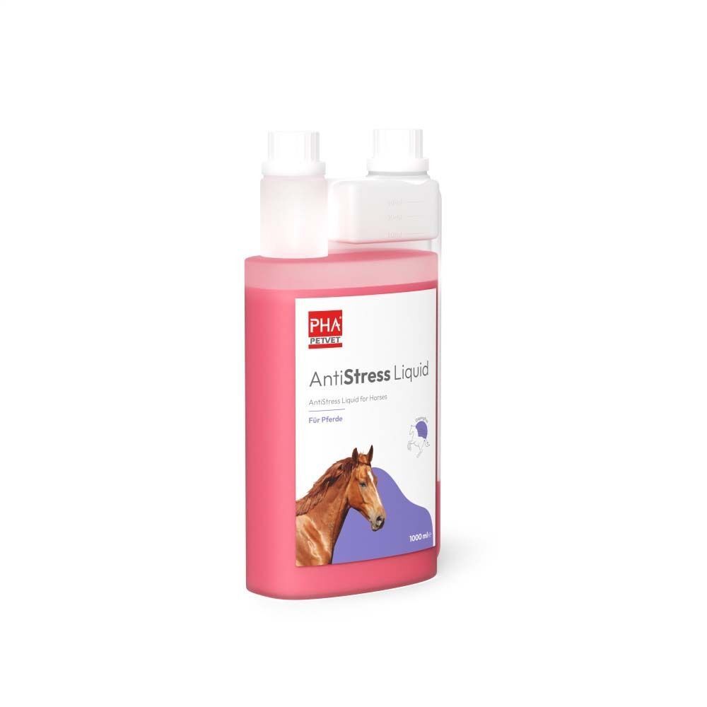 Flasche mit rosa Flüssigkeit. Aufschrift: AntiStress Liquid. Abbildung eines Pferdekopfes. Weiße Deckel.