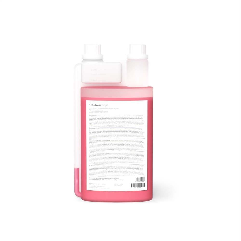 Flasche mit rosa Flüssigkeit. Aufschrift: AntiStress Liquid. Rückseite mit Text und Barcode. Weiße Deckel.