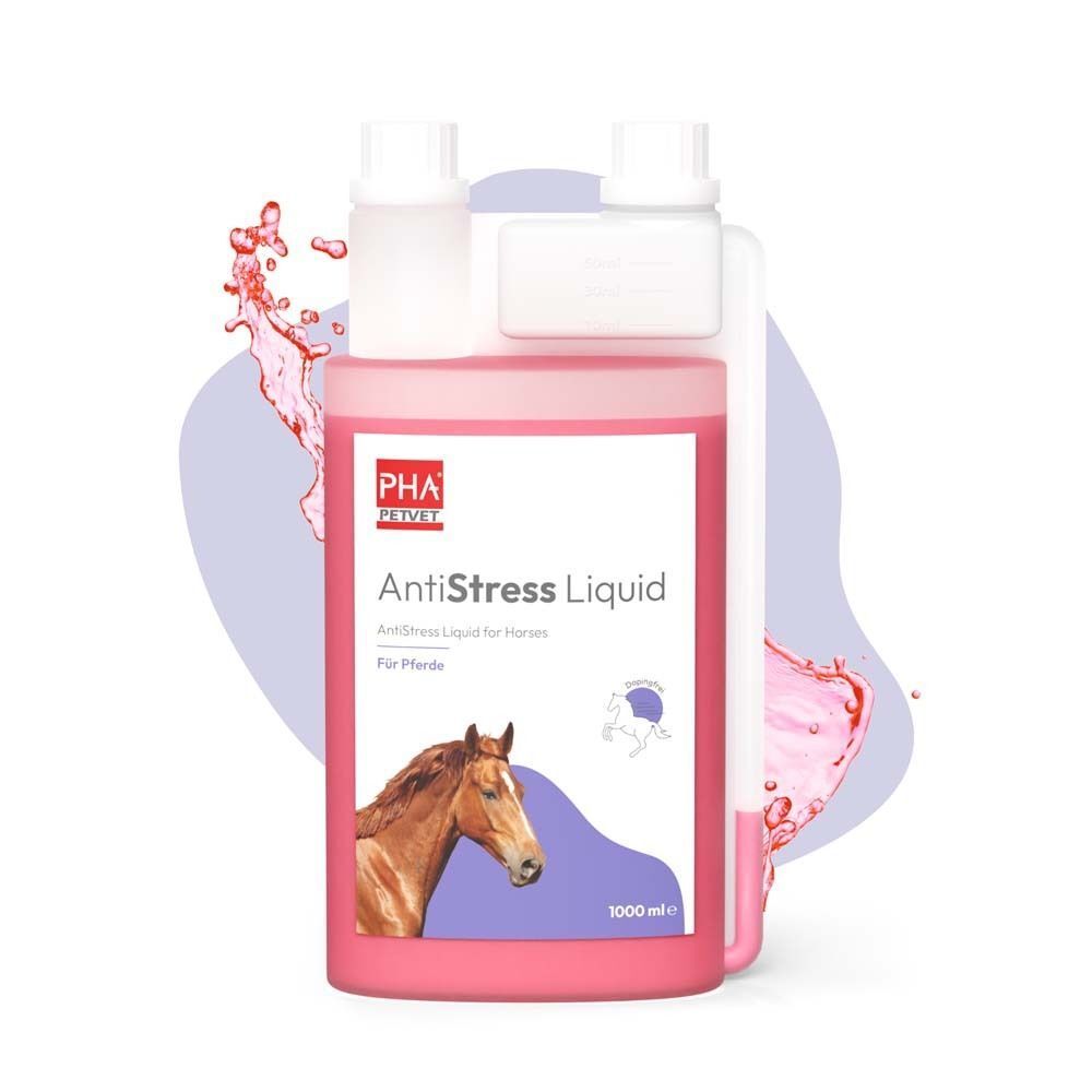Flasche mit rosa Flüssigkeit. Aufschrift: AntiStress Liquid. Abbildung eines Pferdekopfes. Weiße Deckel. Spritzer.
