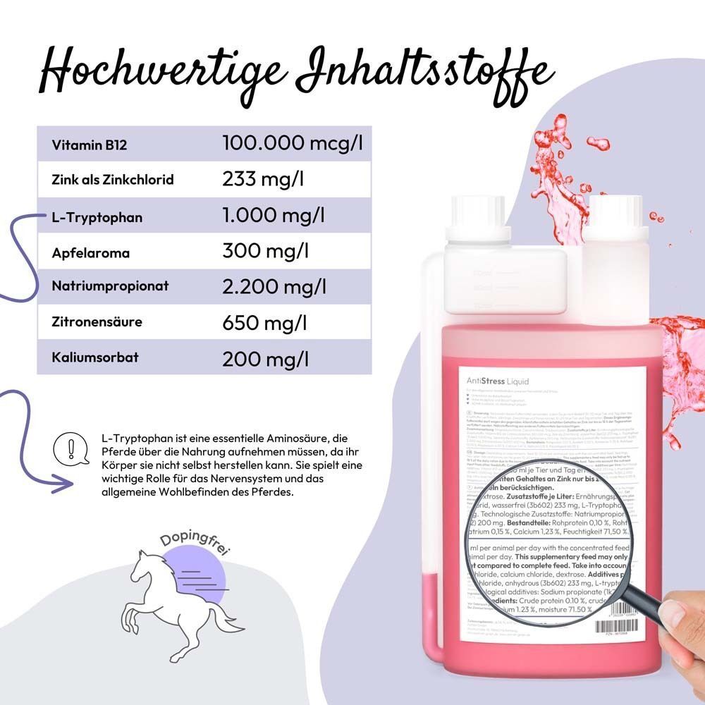 Flasche mit rosa Flüssigkeit. Aufschrift: AntiStress Liquid. Inhaltsstoffe-Tabelle. Lupe. Dopingfrei-Logo.