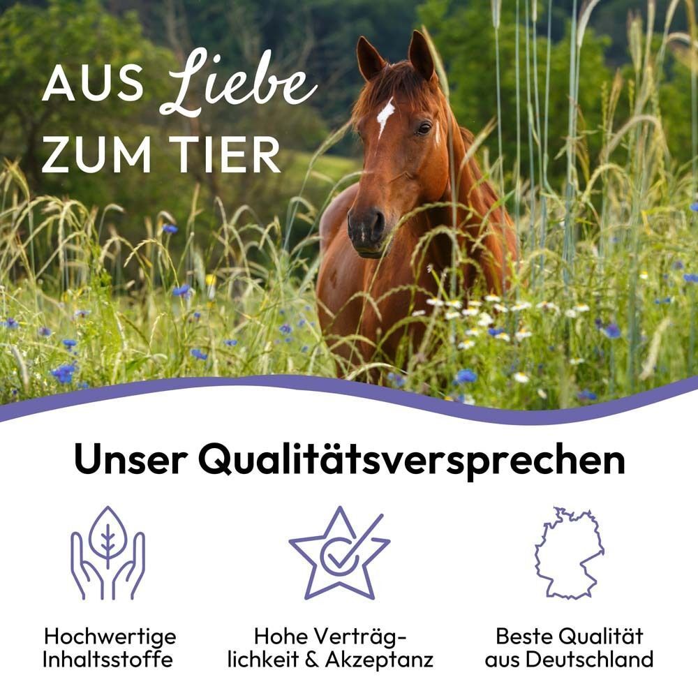 Pferd im Feld. Text: Aus Liebe zum Tier. Qualitätsversprechen: Inhaltsstoffe, Verträglichkeit, Qualität.