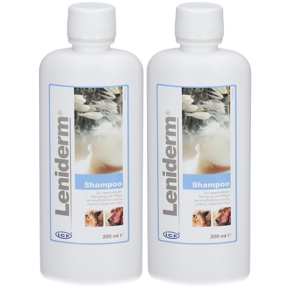 Zwei weiße Flaschen mit Leniderm® Shampoo-Etiketten. Aufschrift: Shampoo, 250 ml. Abbildung von Hunden.
