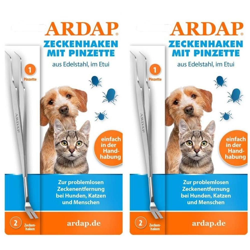 Zwei Packungen ARDAP Zeckenhaken mit Pinzette. Edelstahl, im Etui. Abbildungen von Hund und Katze. Text: Zur Zeckenentfernung.