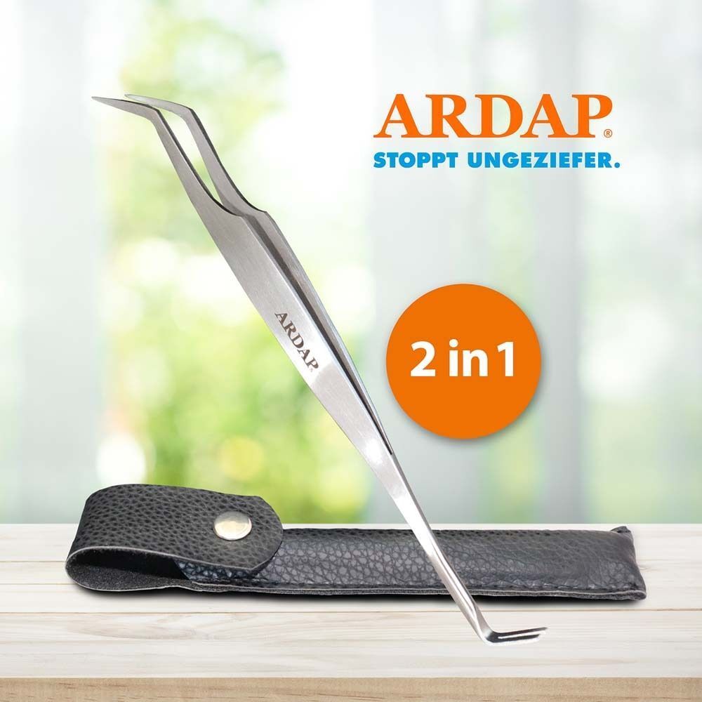ARDAP Zeckenhaken mit Pinzette, 2 in 1, in schwarzem Etui. Aufschrift: ARDAP. Stoppt Ungeziefer.