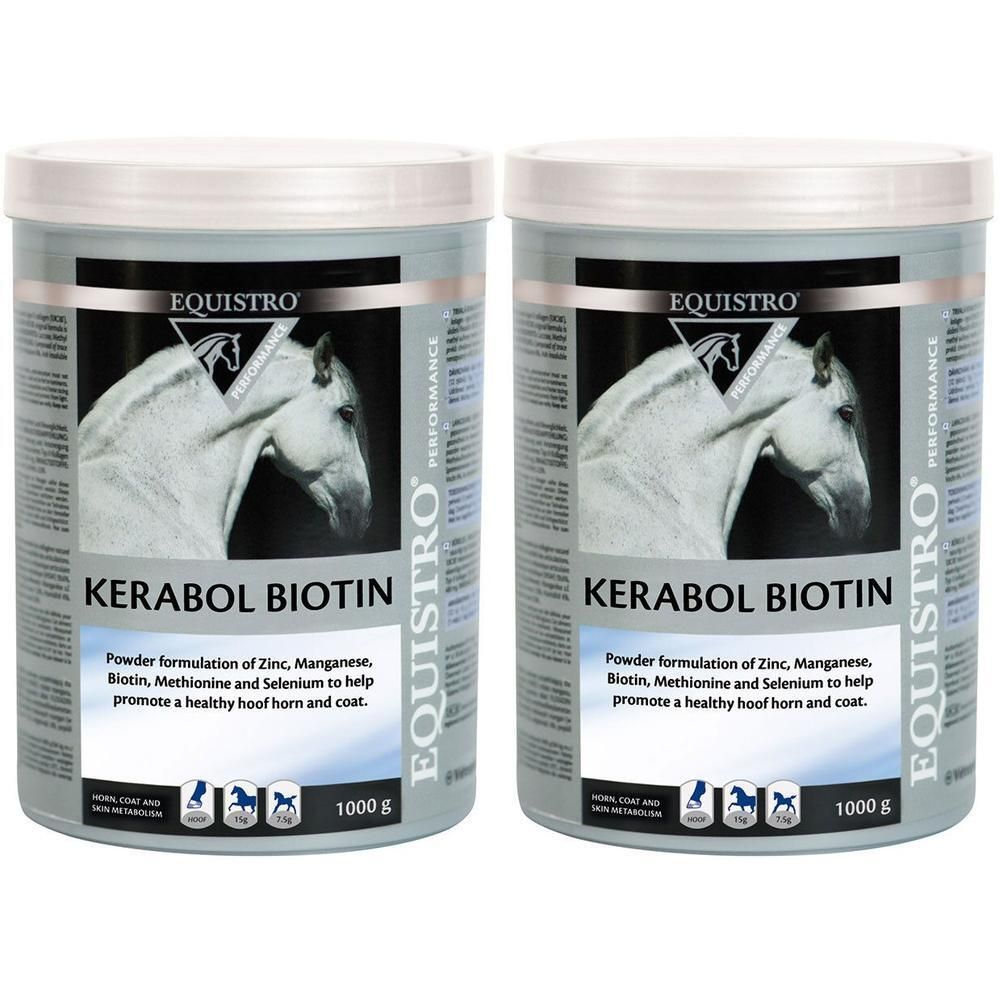 Zwei Dosen EQUISTRO Kerabol Biotin. Graue Dosen mit weißem Deckel. Aufschrift: Kerabol Biotin, EQUISTRO. Enthält Zink, Mangan, Biotin, Methionin und Selen.