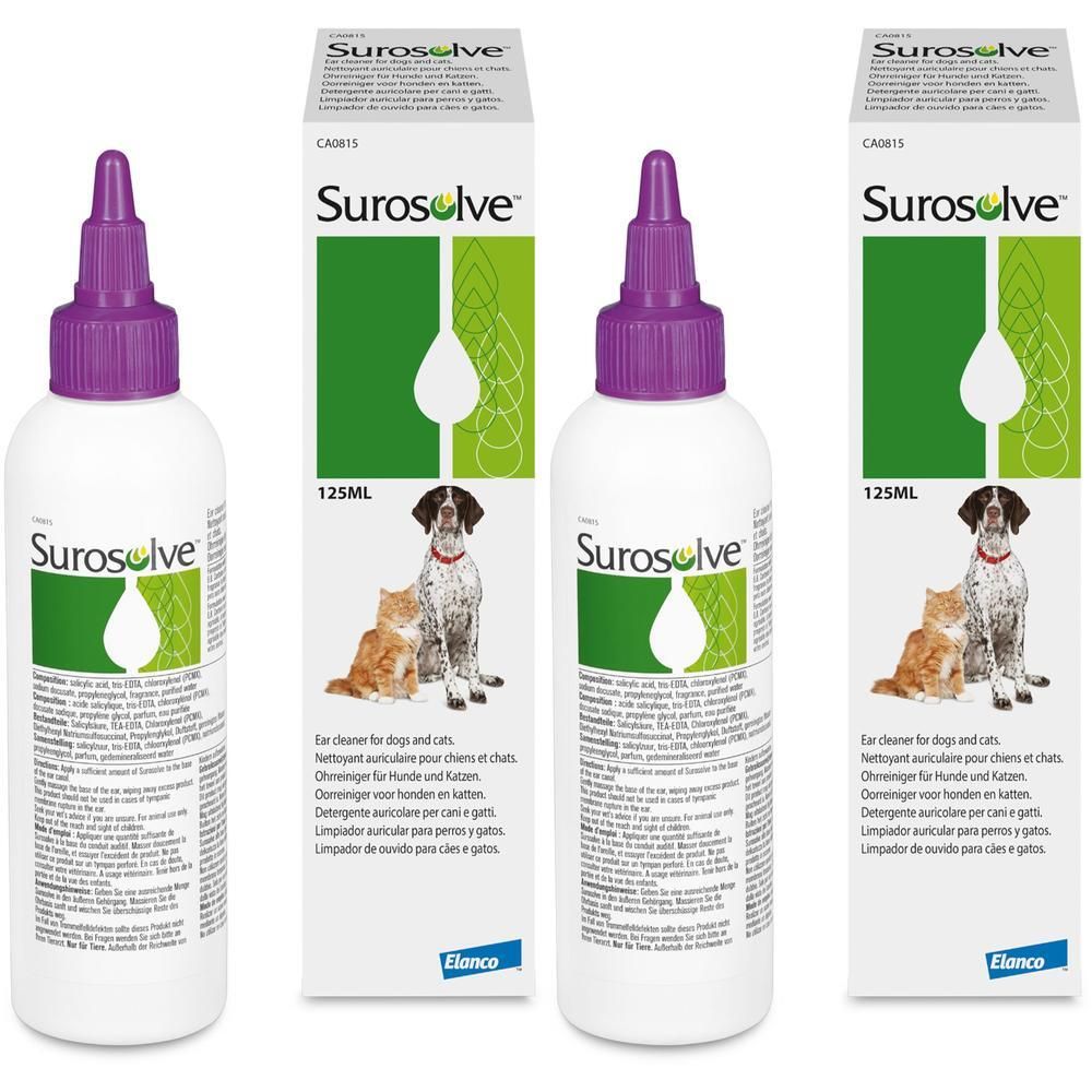 Flasche mit lila Spitze und Karton. Aufdruck: Surosolve, 125ml, Abbildung von Hund und Katze. Elanco Logo.