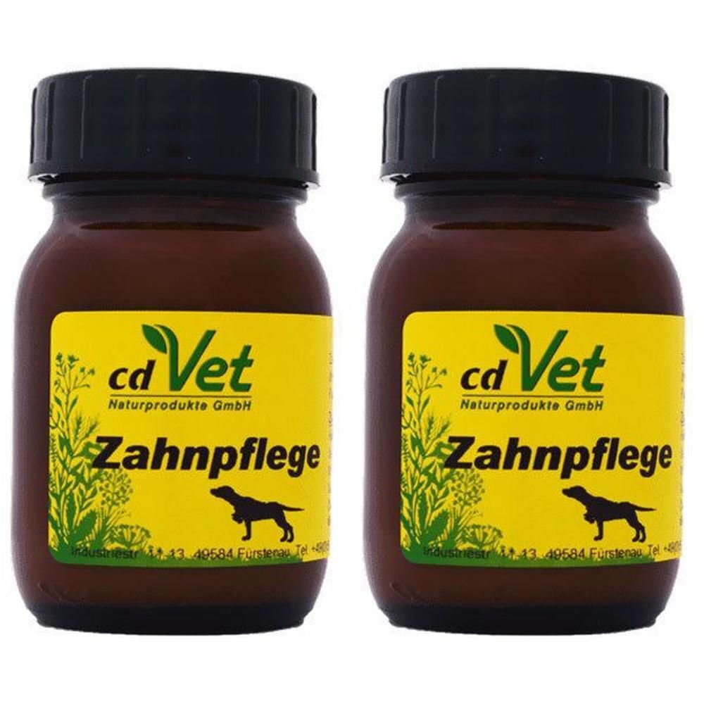 Zwei braune Glasflaschen mit schwarzem Deckel. Auf gelbem Etikett: "cd Vet Zahnpflege" und Hundesilhouette.