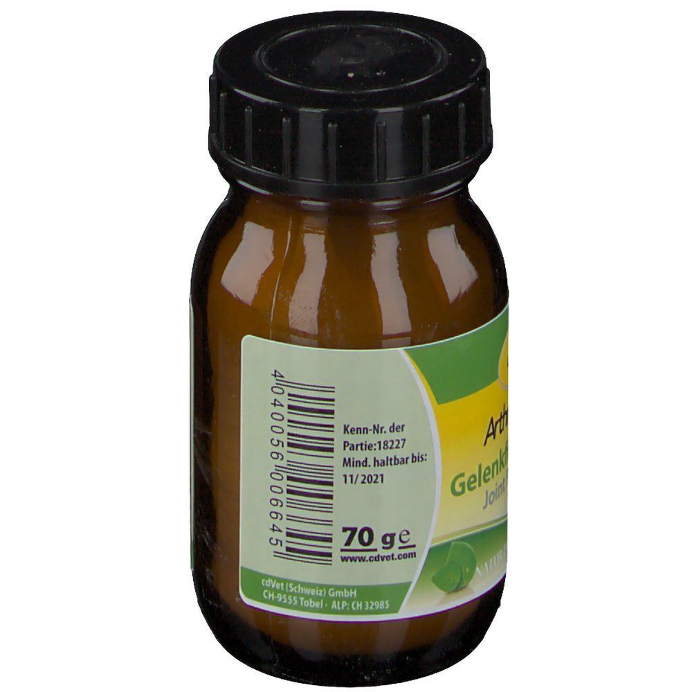 Braune Glasflasche mit schwarzem Deckel. Etikett mit Produktnamen, Barcode und Mindesthaltbarkeitsdatum.