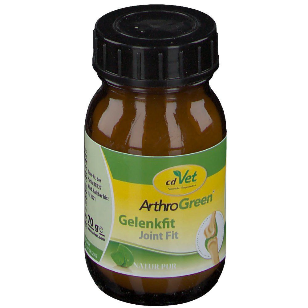 Braune Glasflasche mit schwarzem Deckel. Etikett mit Produktnamen und Logo.