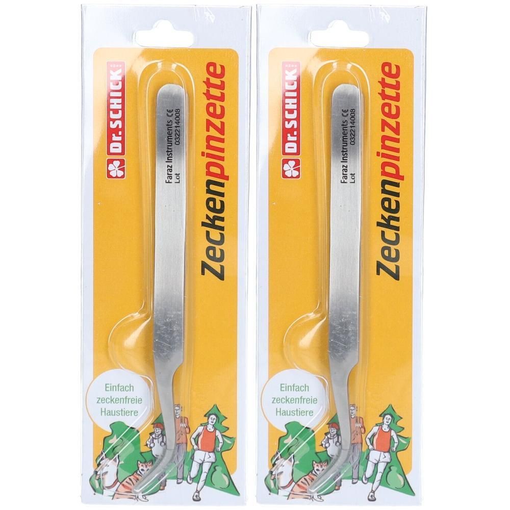 Zwei Zeckenpinzetten in Verpackung. Edelstahl, gebogene Spitze. Aufschrift: Dr. Schick, Zeckenpinzette, CE-Kennzeichnung.