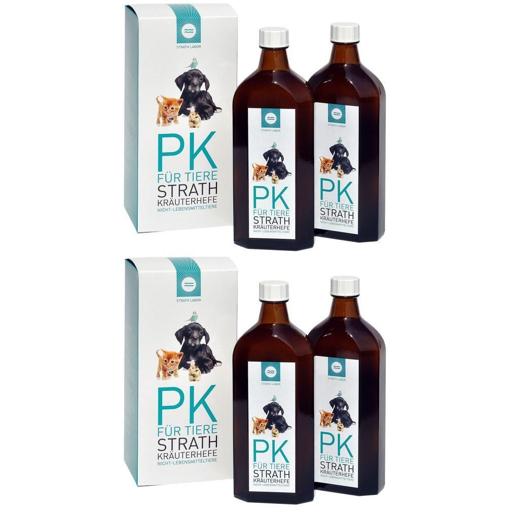 Zwei Flaschen und zwei Kartons. Auf den Flaschen und Kartons steht "PK für Tiere Strath Kräuterhefe". Aufdruck mit Hund und Katze.