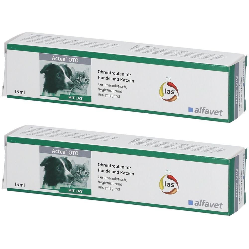 Zwei Schachteln mit Ohrentropfen für Hunde und Katzen. Aufschrift: Actea OTO, 15 ml, mit Abbildung von Hund und Katze. Marke: alfavet.