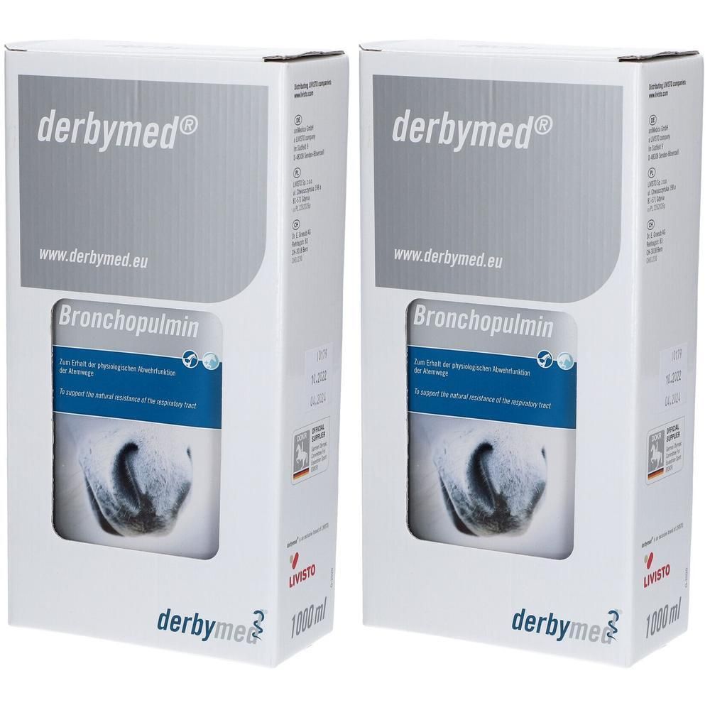 Zwei weiße Kartons mit der Aufschrift derbymed® Bronchopulmin. Aufdrucke: www.derbymed.eu, 1000 ml, und ein Nasen-Motiv.