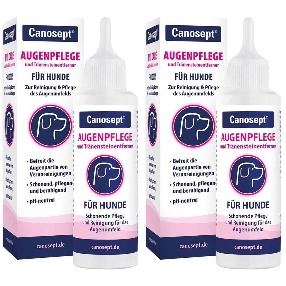 Mehrere Flaschen und Verpackungen. Aufschrift: Canosept Augenpflege für Hunde. Reinigungs- und Pflegeprodukt für Augenpartie.