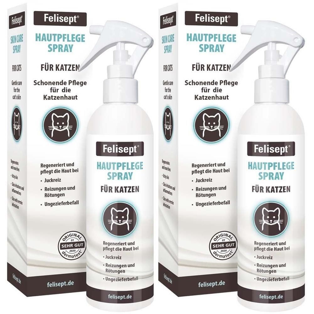 Zwei Felisept® Hautpflege Spray-Flaschen mit Sprühkopf und Kartonverpackung. Aufschrift: Hautpflege Spray für Katzen.