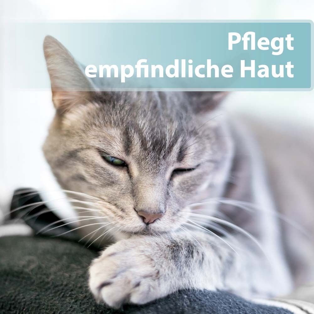 Katze putzt sich. Textfeld: Pflegt empfindliche Haut.