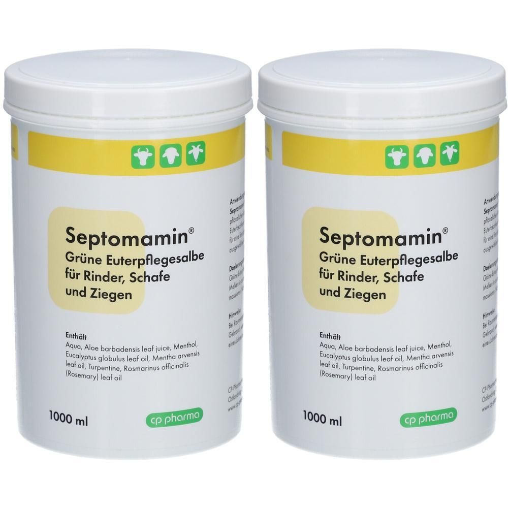 Zwei weiße Behälter mit Deckel. Auf gelbem Hintergrund steht "Septomamin", "Grüne Euterpflegesalbe" für Rinder, Schafe und Ziegen. 1000 ml.