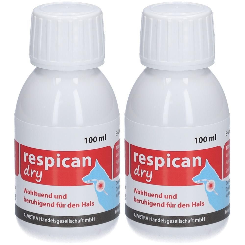 Zwei weiße Flaschen mit weißem Deckel. Auf rotem Etikett steht "respican dry". Darunter Text und Logo. 100 ml.