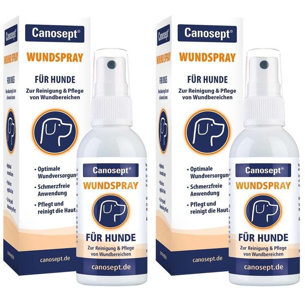 Zwei Flaschen Canosept® Wundspray für Hunde mit Verpackung. Aufschrift: Wundspray, Für Hunde, zur Reinigung & Pflege von Wundbereichen.