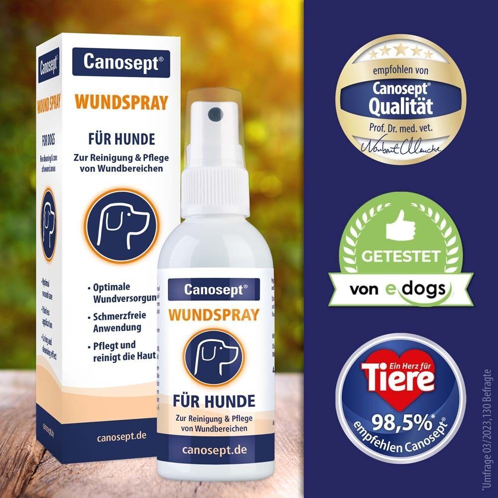 Canosept® Wundspray Flasche und Verpackung. Logos: Canosept® Qualität, Getestet von e dogs, Ein Herz für Tiere.
