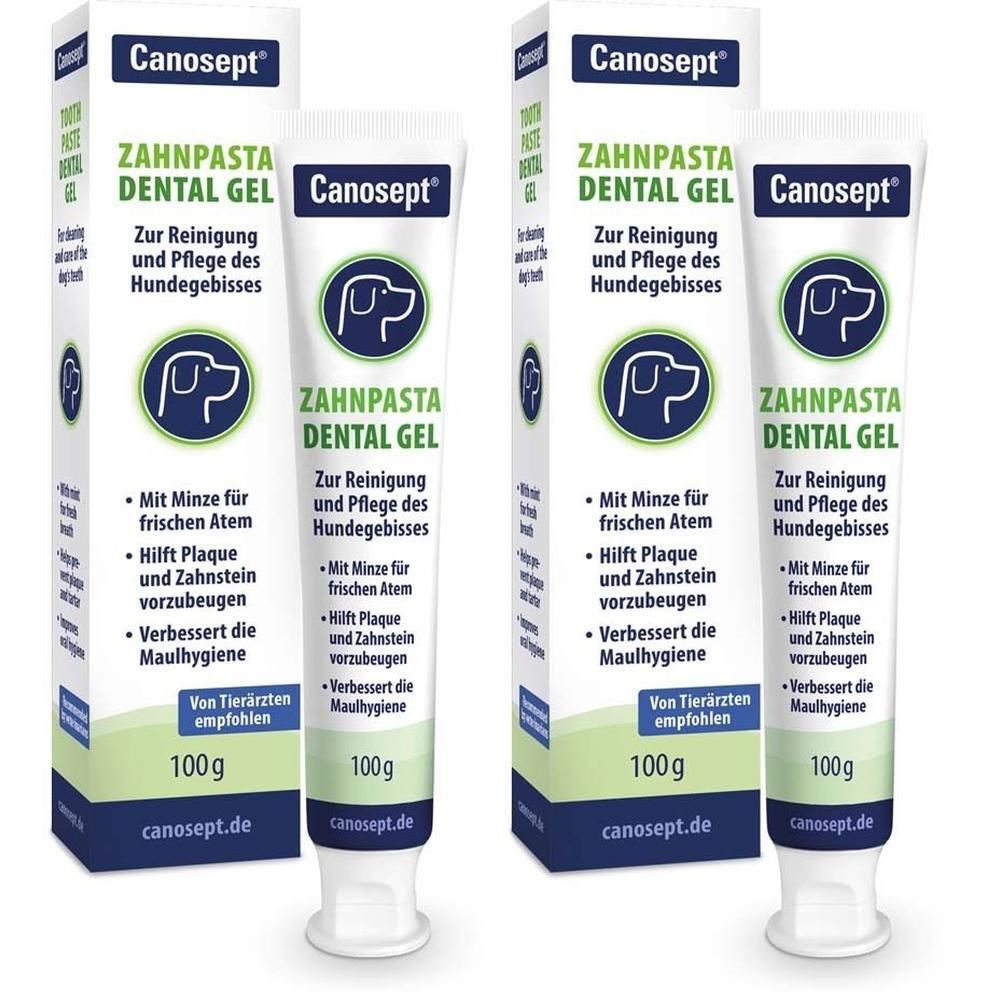 Zwei Tuben Canosept® Zahnpasta Dental Gel für Hunde, mit Verpackung. Aufschrift: Zahnpasta Dental Gel, 100g.