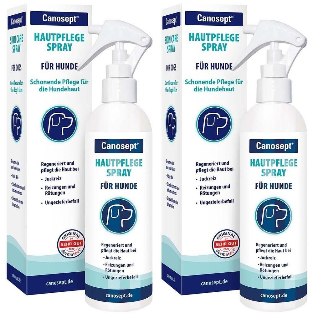 Zwei Flaschen Canosept Hautpflegespray für Hunde mit Verpackung. Aufschrift: Hautpflege Spray, für Hunde.