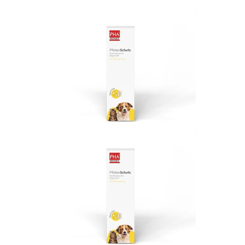 Zwei Packungen PHA PfotenSchutz Paste. Weiße Verpackung mit Logo, Produktname und Hund/Katze-Illustration.