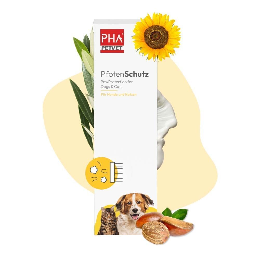 Weiße Verpackung mit Sonnenblume, Olivenzweig, Produktname, Hund/Katze-Illustration. Produkt wird dargestellt.