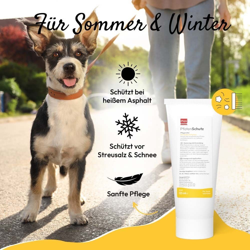 Hund mit Tube PHA PfotenSchutz Paste. Text: Für Sommer & Winter. Symbole: Sonne, Schneeflocke, Feder.
