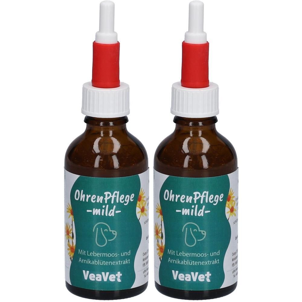 Zwei braune Flaschen mit weiß-roten Tropfern. Auf den Etiketten steht "Ohren Pflege -mild-" und "VeaVet".