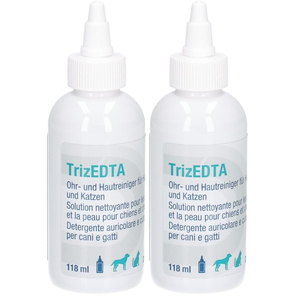 Zwei weiße Flaschen mit weißem Verschluss. Aufschrift: TrizEDTA, Ohr- und Hautreiniger für Hunde und Katzen. 118 ml.