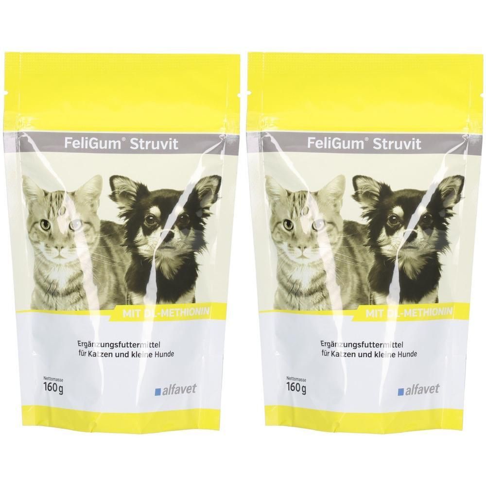 Zwei Beutel mit Produktabbildung von Katze und Hund. Aufschrift: FeliGum Struvit. Text: Ergänzungsfuttermittel für Katzen und kleine Hunde. 160g.