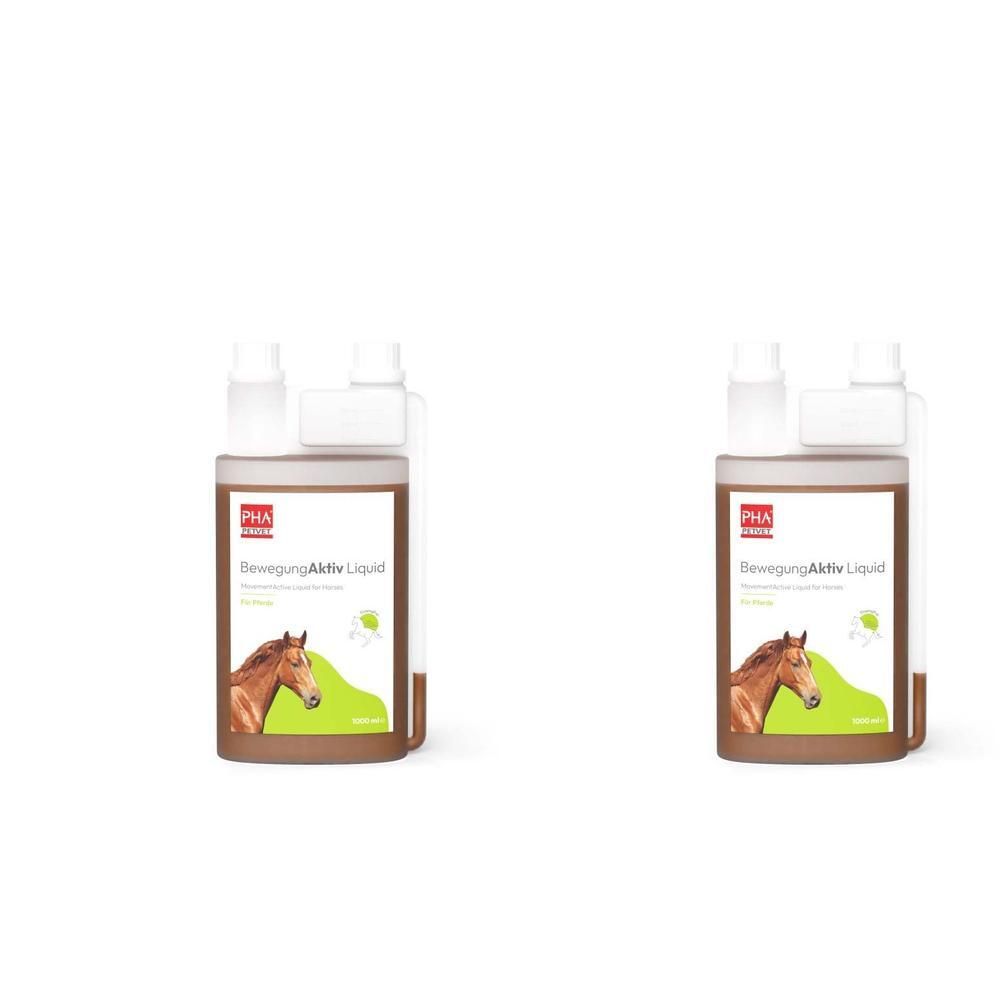 Zwei Flaschen PHA BewegungAktiv Liquid f.Pferde. Braune Flüssigkeit in einer Flasche mit weißem Deckel. Etikett mit Pferd.