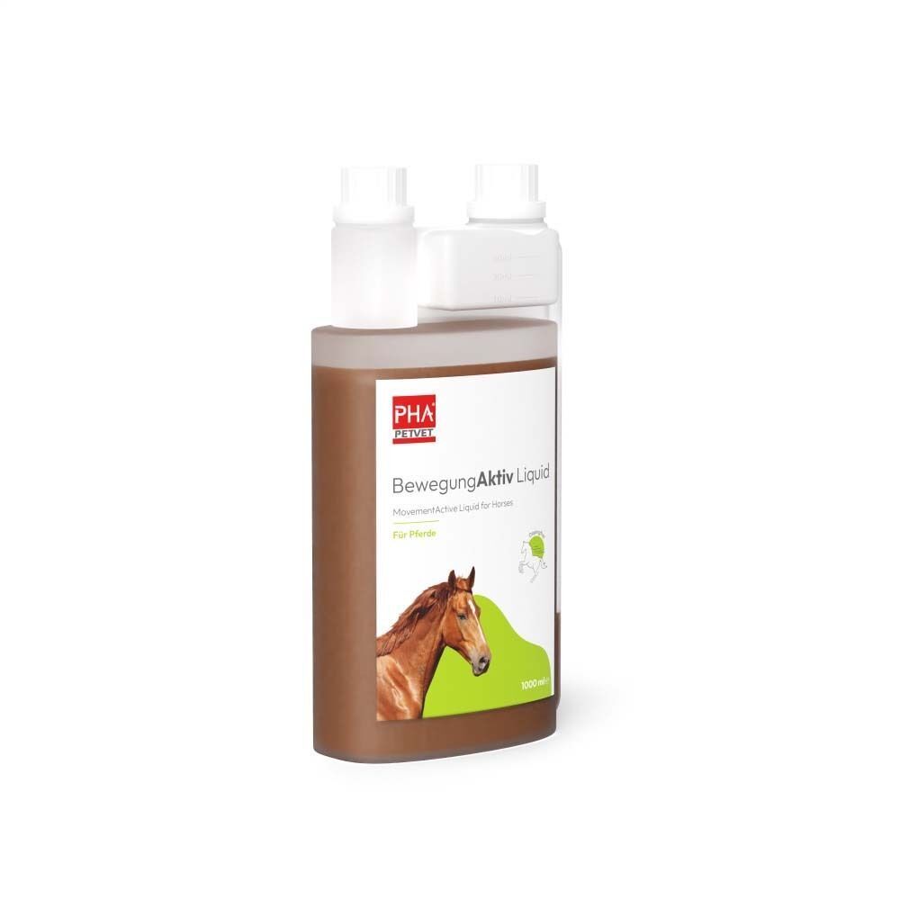 Eine Flasche PHA BewegungAktiv Liquid f.Pferde. Braune Flüssigkeit in einer Flasche mit weißem Deckel. Etikett mit Pferd.