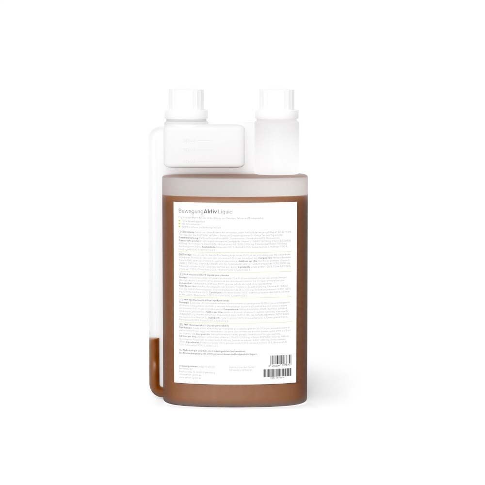 Rückseite der Flasche PHA BewegungAktiv Liquid f.Pferde. Textinformationen und Barcode auf weißem Hintergrund.