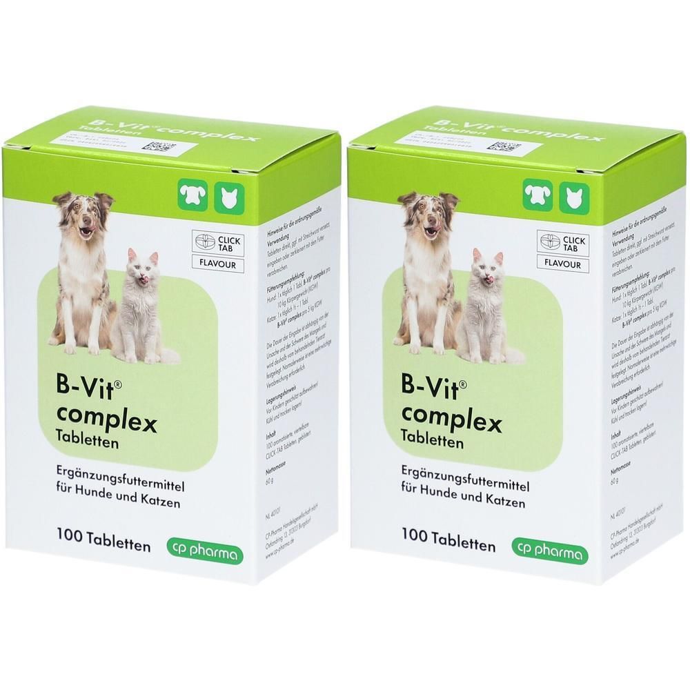 Zwei rechteckige Kartons mit grüner Oberseite. Aufdruck: B-Vit complex Tabletten, Ergänzungsfuttermittel für Hunde und Katzen. 100 Tabletten.