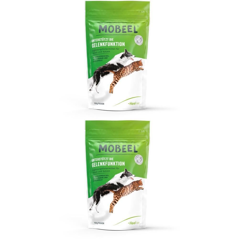 Zwei grüne Beutel mit MOBEEL-Logo und Produktabbildung. Text: Unterstützt die Gelenkfunktion. Enthält ein Logo.