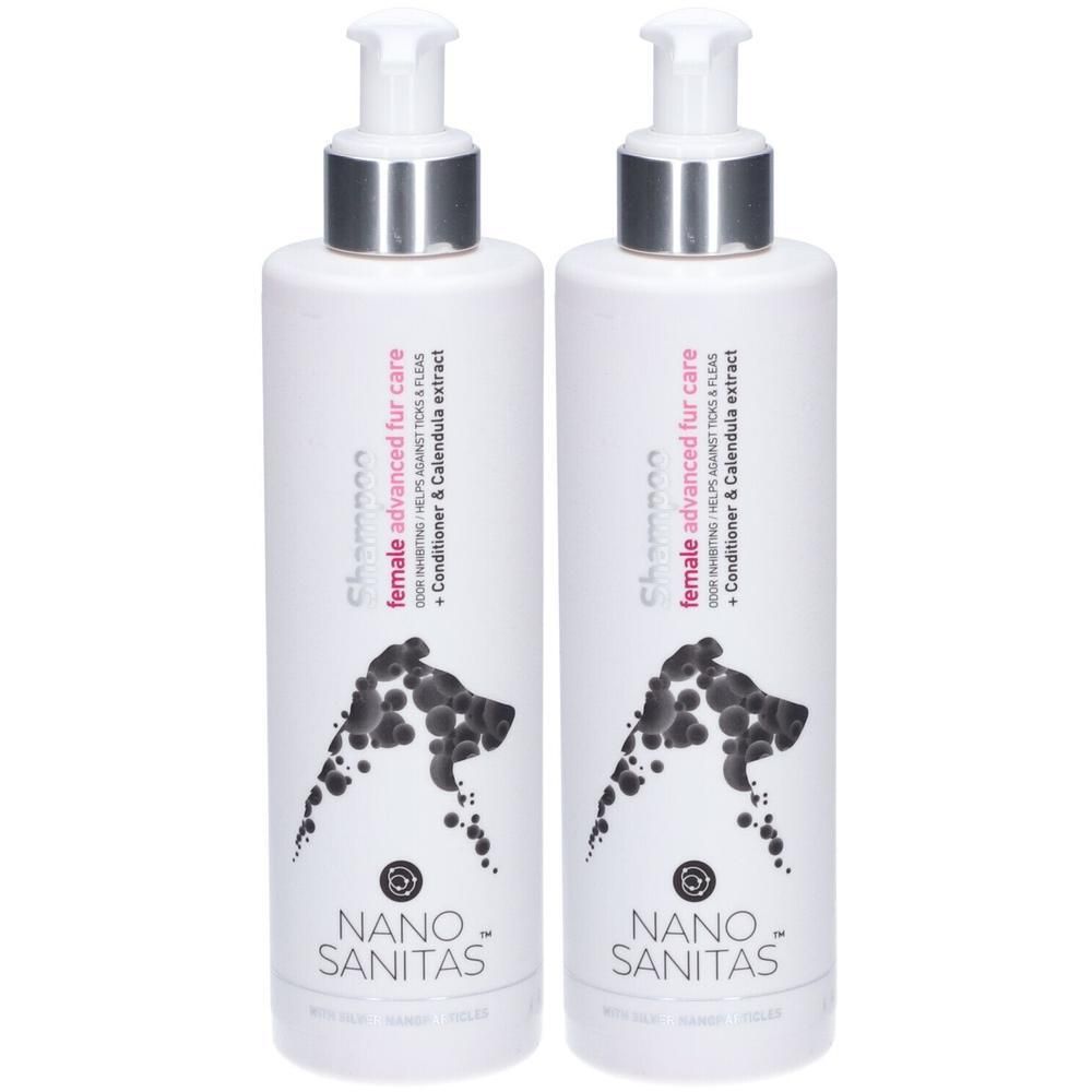 Zwei weiße Flaschen mit Pumpaufsatz. Aufschrift: female advanced fur care, Conditioner & Calendula extract. Logo: Nano Sanitas.